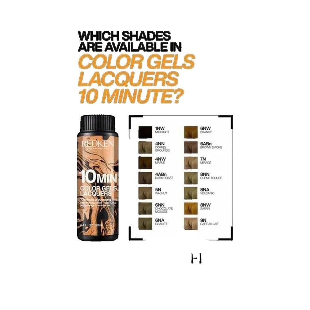 Flacone di gel colorante con tabella colori. Scritta: Color Gels Lacquers 10 Minute. Tonalità: 1NW, 4NN, 5N, 6NN, 6NA, 6NW, 4AB, 5AB, 7N, 8NN, 8NA, 9N.