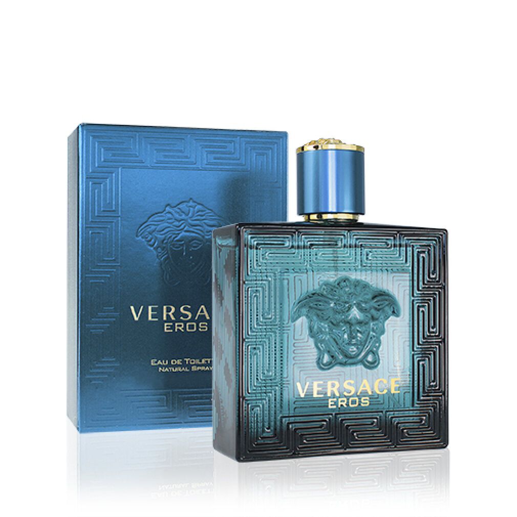 Flacone e scatola turchesi. Motivo in rilievo, tappo dorato. Scritta Versace Eros.