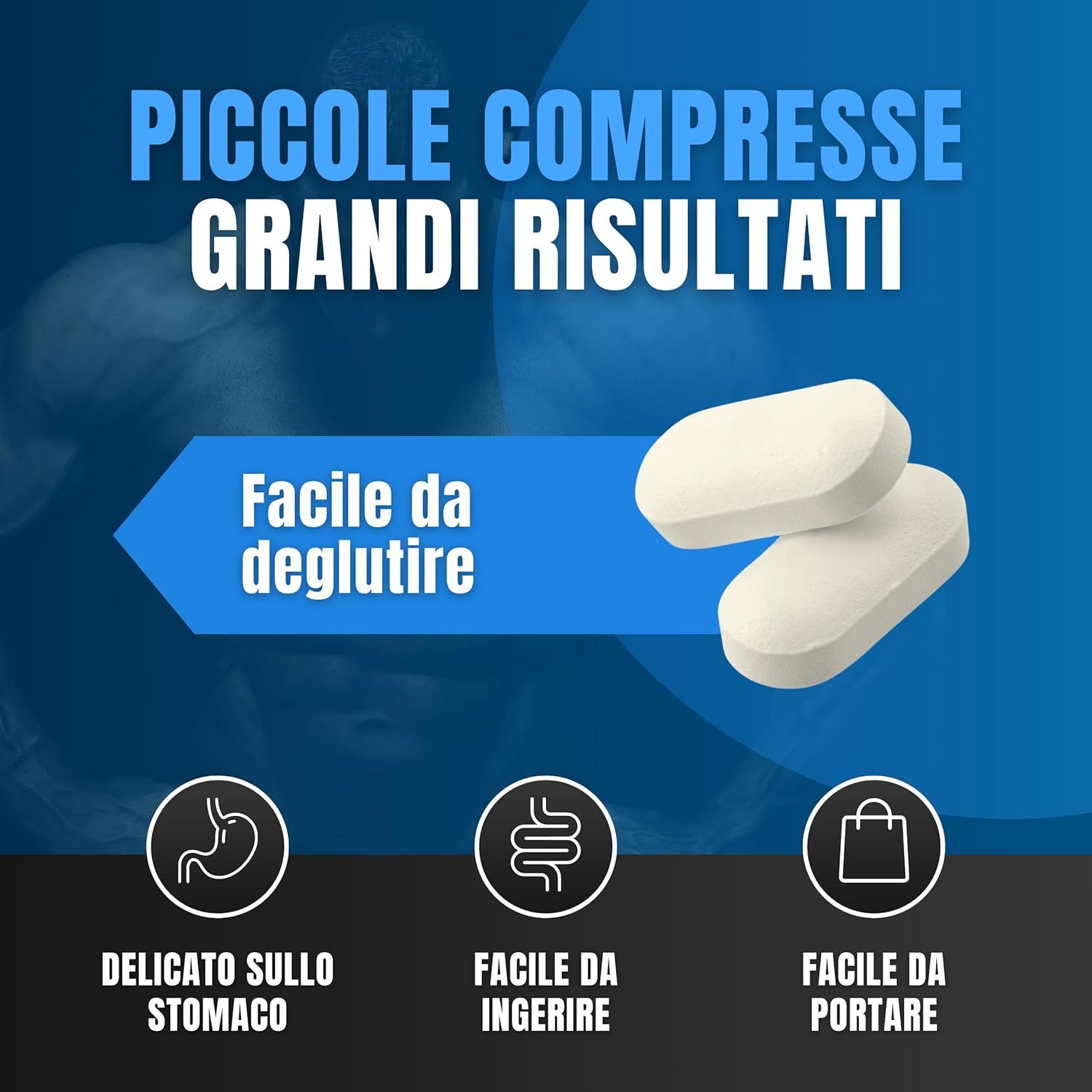 Due compresse. Testo: Facile da deglutire, delicato sullo stomaco, facile da ingerire, facile da portare.