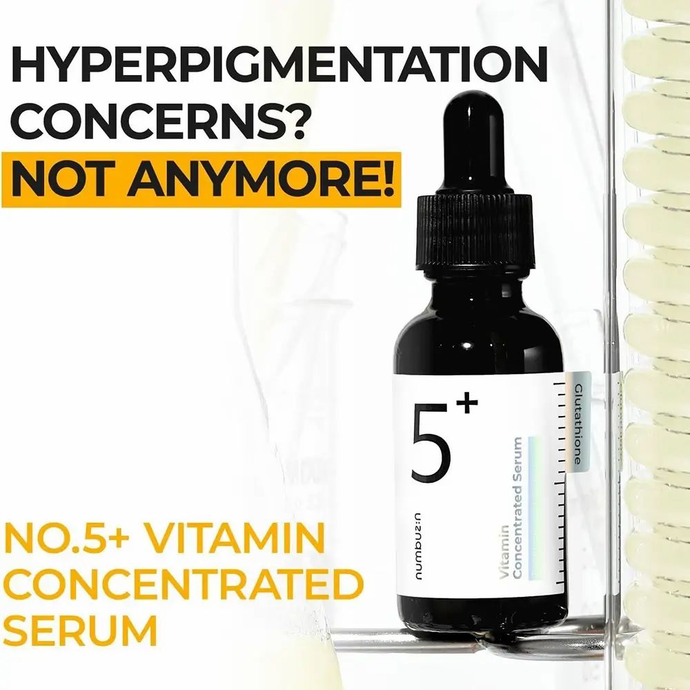 Testo: HYPERPIGMENTATION CONCERNS? NOT ANYMORE! NO.5+ VITAMIN CONCENTRATED SERUM. Flacone nero con pipetta.