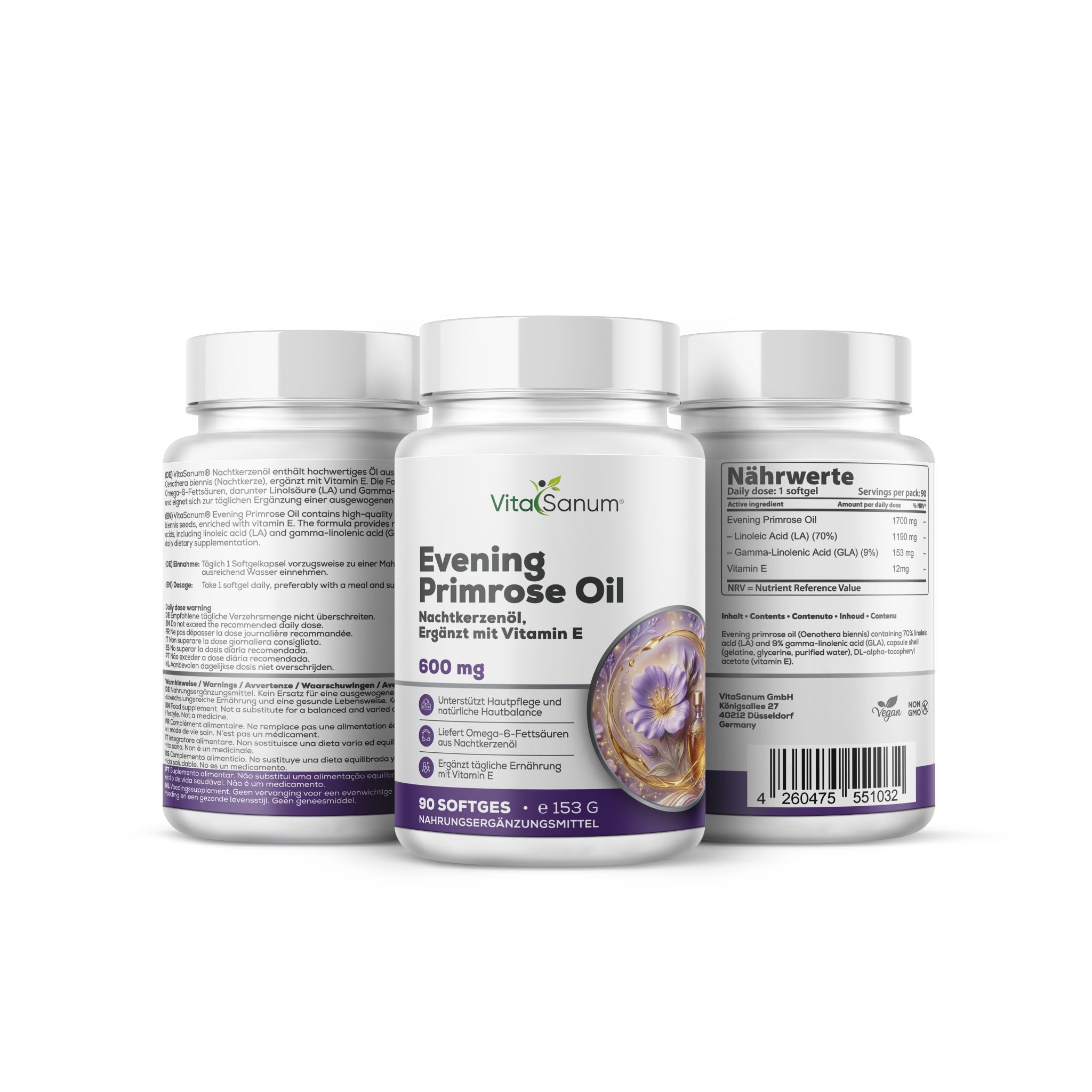 Tre flaconi di Olio di enotera VitaSanum, 600 mg, 90 capsule molli per flacone.