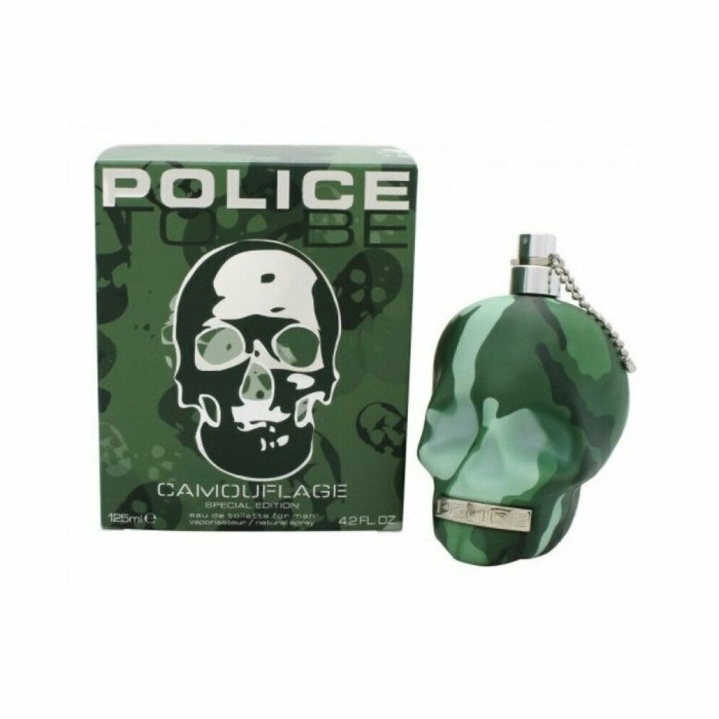 Flacone a teschio e confezione. Motivo mimetico. Scritta: Police To Be Camouflage. Special Edition.