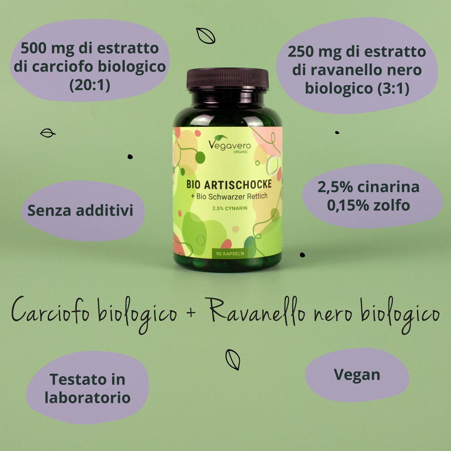 Infografica verde con informazioni sul prodotto. Testo: Carciofo biologico + Ravanello nero biologico. Vegano, testato in laboratorio.