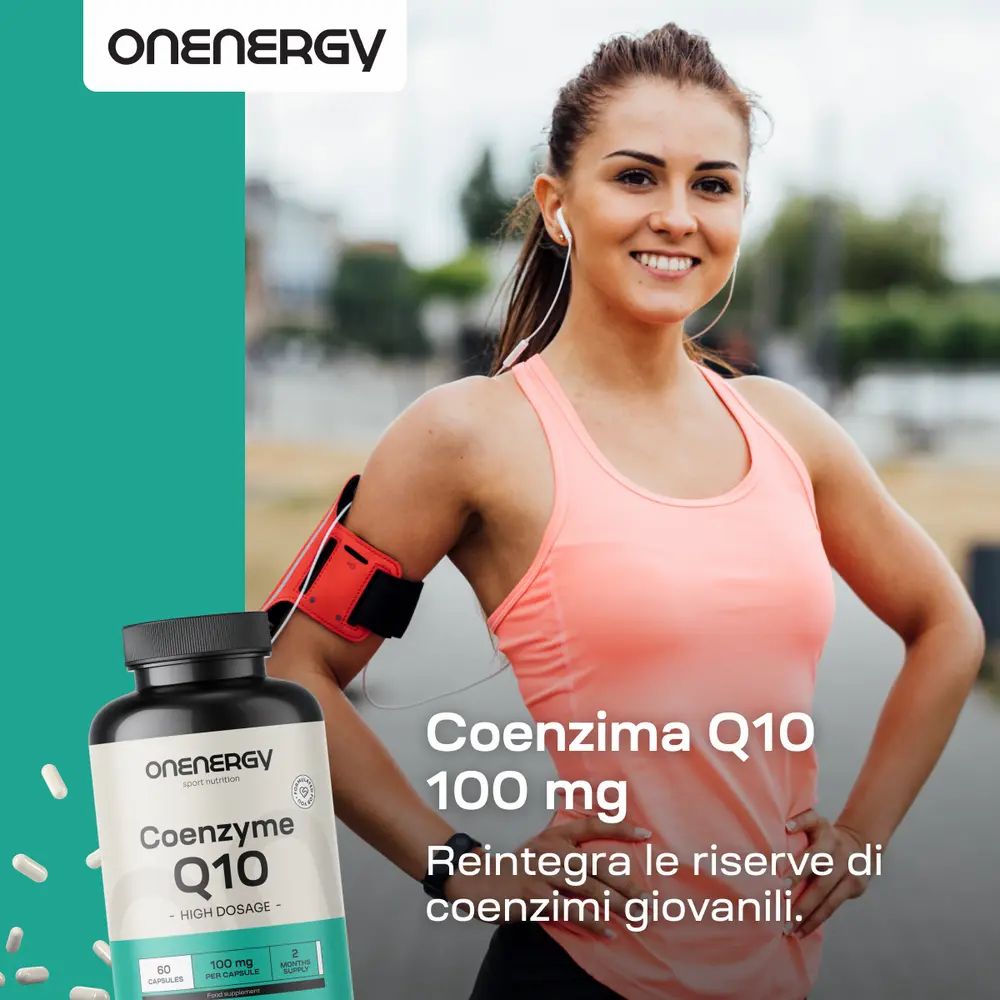 Donna con cuffie e bracciale. Bottiglia di capsule. Scritta: OnEnergy, Coenzima Q10, 100 mg.