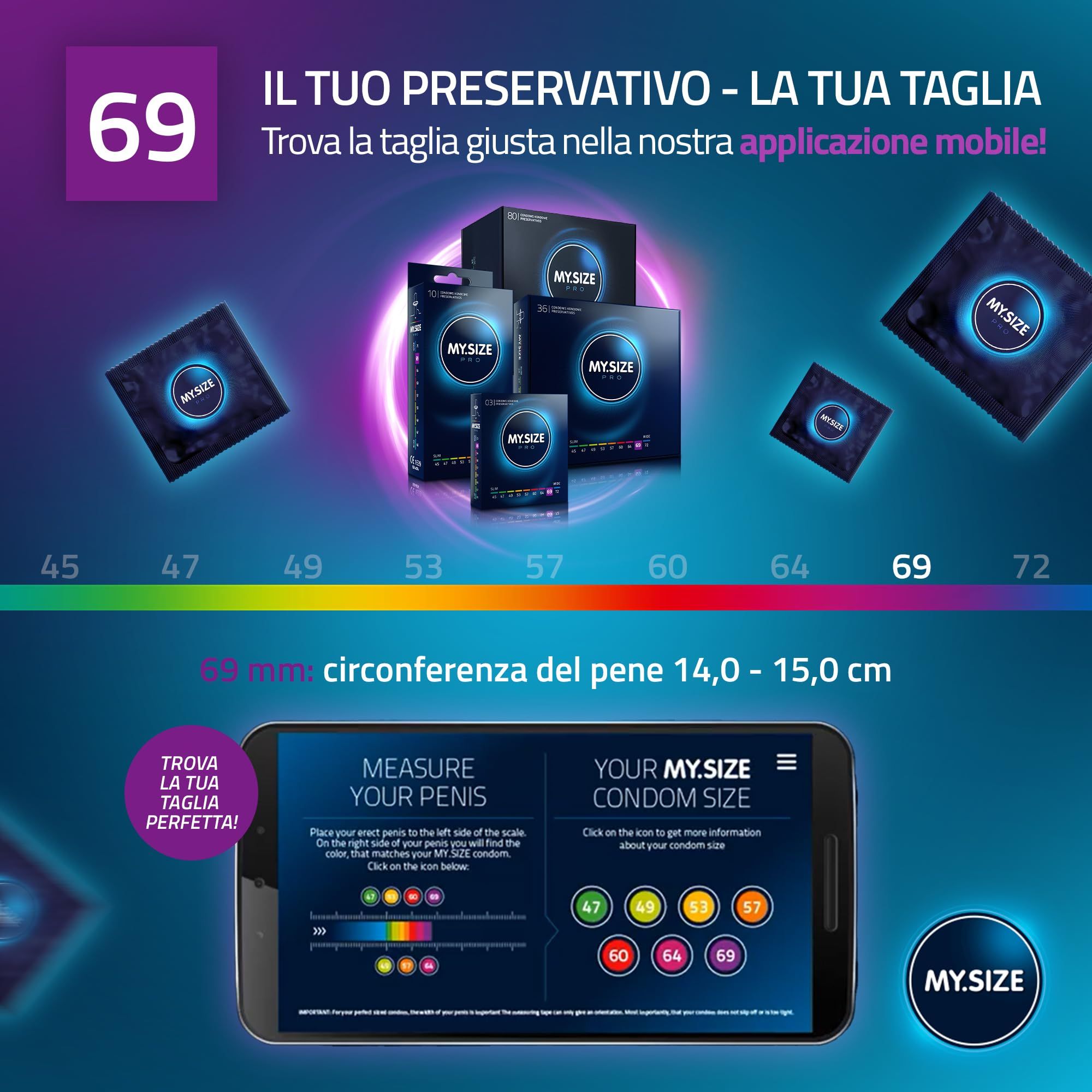 Un preservativo My.Size Pro, misura 69 mm. Alta purezza, migliore vestibilità, durevole e vegano.