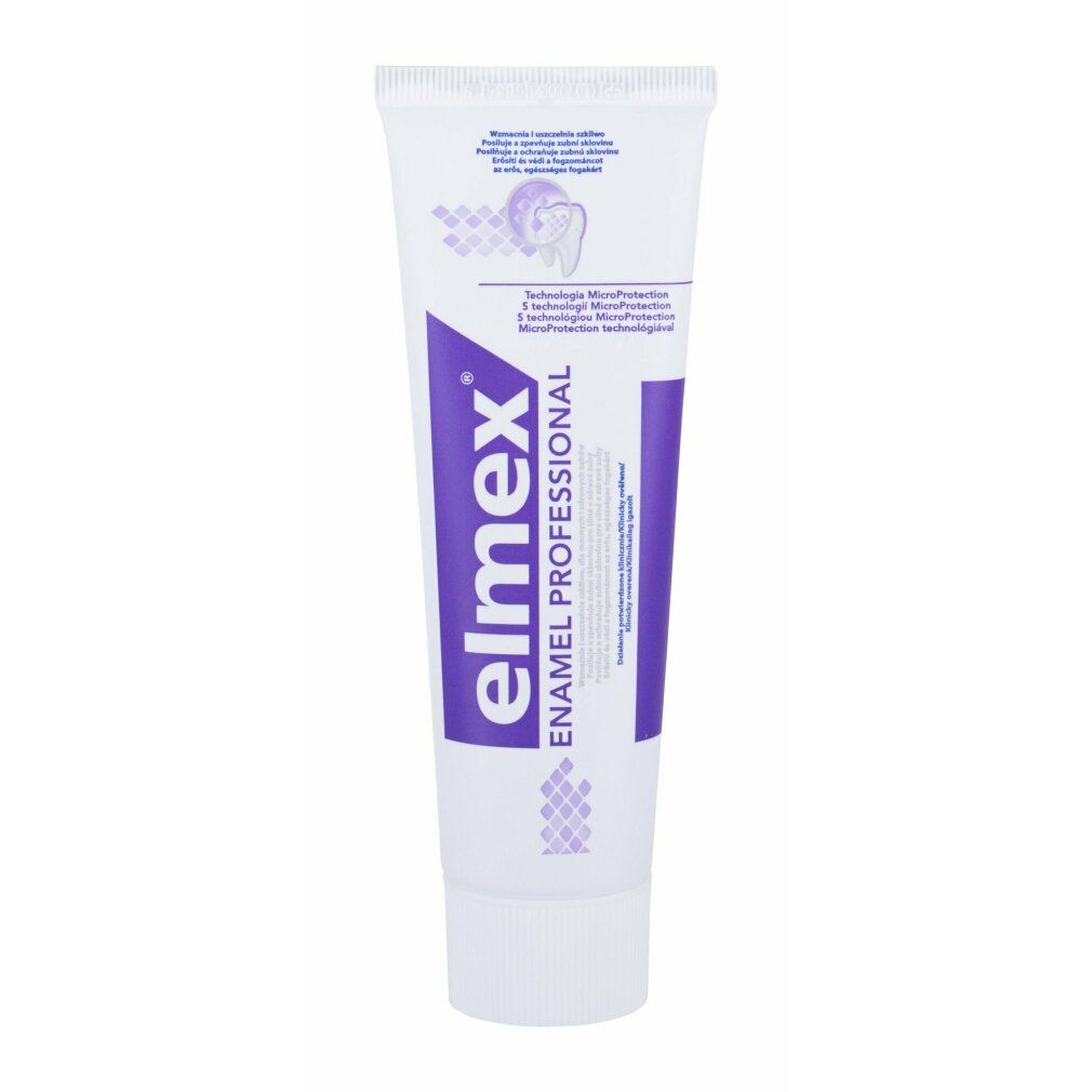 Tubo di dentifricio bianco con dettagli viola. Scritta: elmex ENAMEL PROFESSIONAL. Tecnologia MicroProtection.