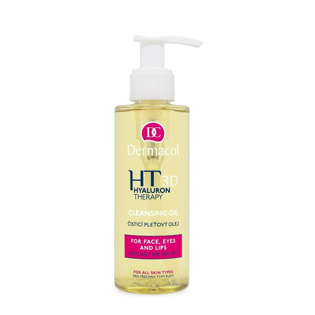 Olio detergente per il viso con pompa. Scritta: Dermacol HT 3D Hyaluron Therapy Cleansing Oil. Per viso, occhi e labbra.