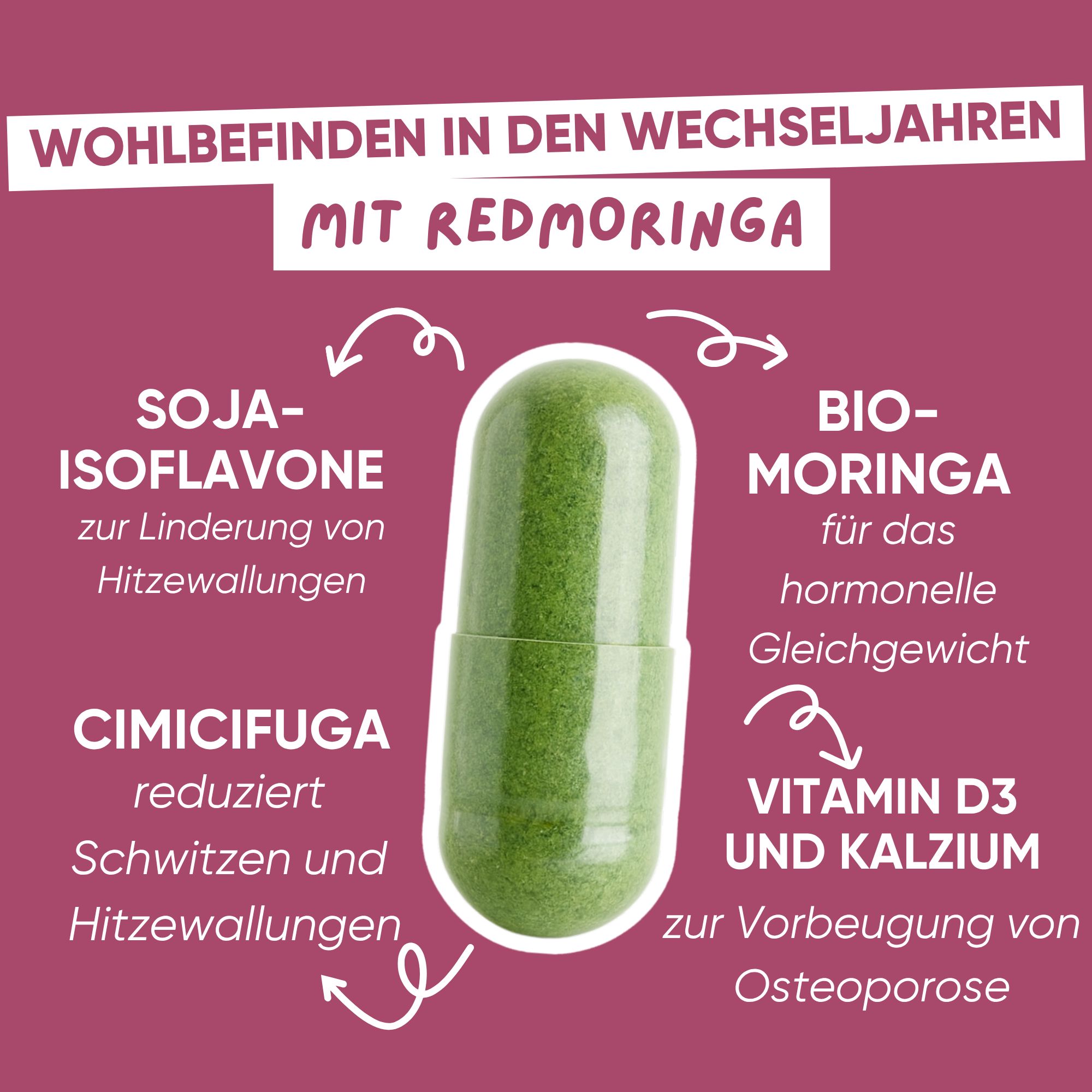 Capsula verde con testo sugli ingredienti: Isoflavoni di soia, Moringa bio, Vitamina D3 e Calcio.