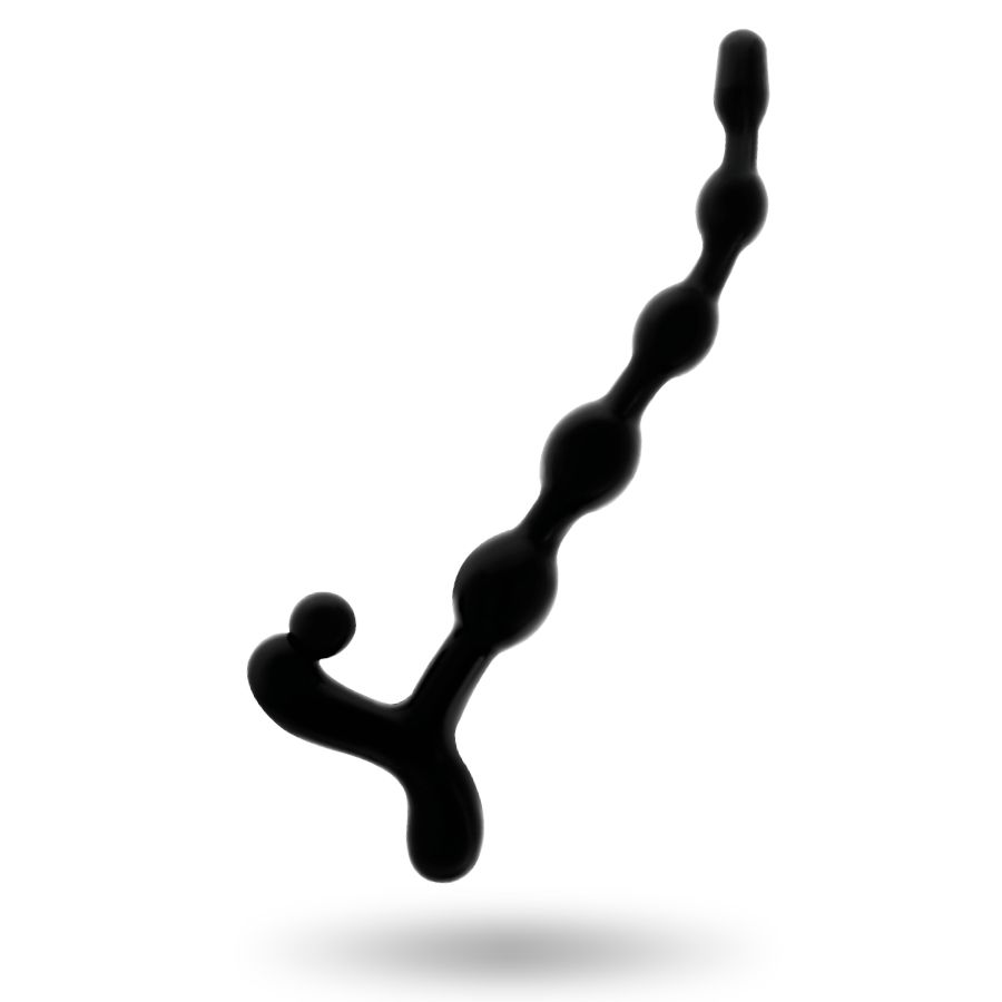 Catena di sfere anali nera in TPR. Diverse sfere di dimensioni variabili, collegate. Impugnatura a forma di Y.