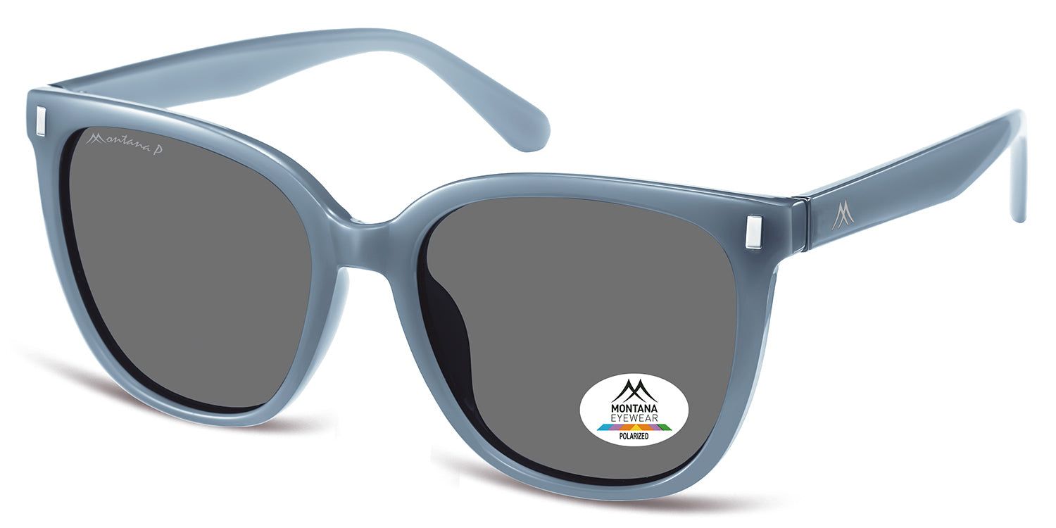 Occhiali da sole blu, vista laterale. Logo Montana Eyewear sull'asta e sulla lente. Adesivo polarizzato.