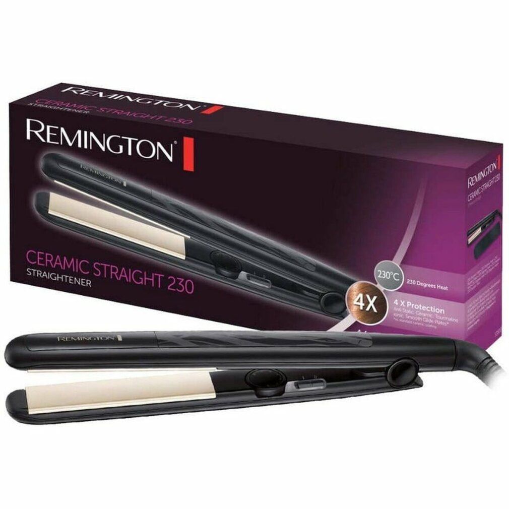 Confezione con piastra per capelli. Marchio Remington. Testo: Ceramic Straight 230. 4X Protection.