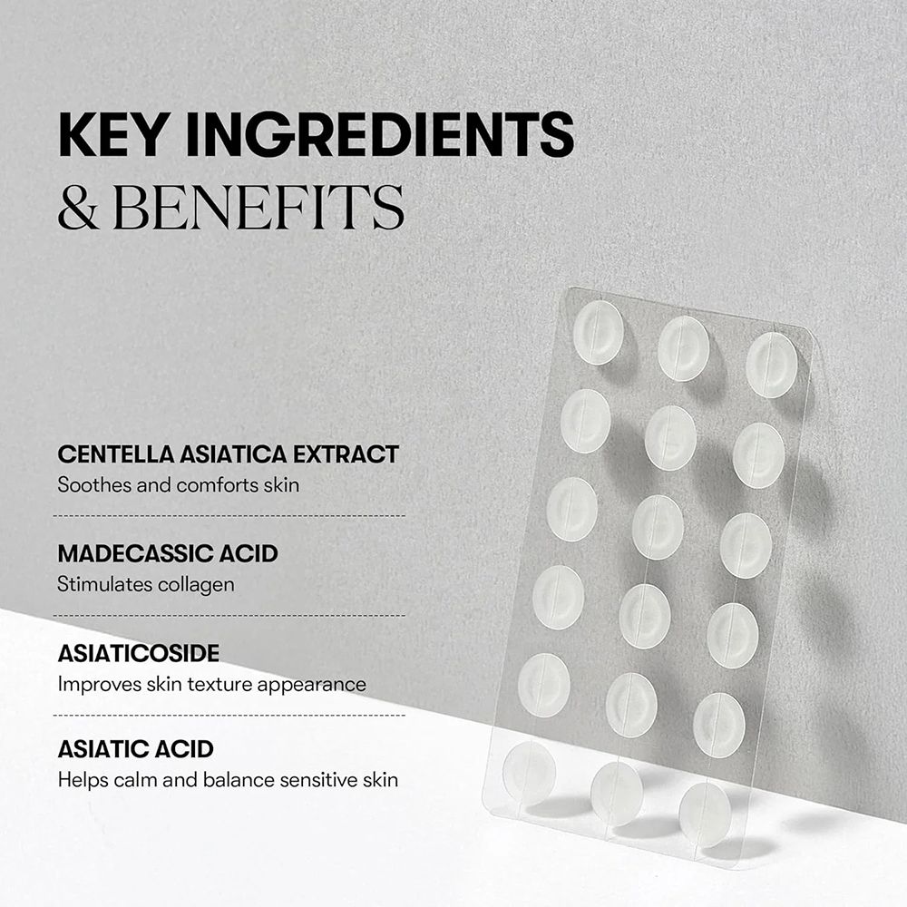 Confezione blister con cerotti rotondi. Testo: Ingredienti e benefici. Estratto di Centella Asiatica, acido madecassico, ecc.