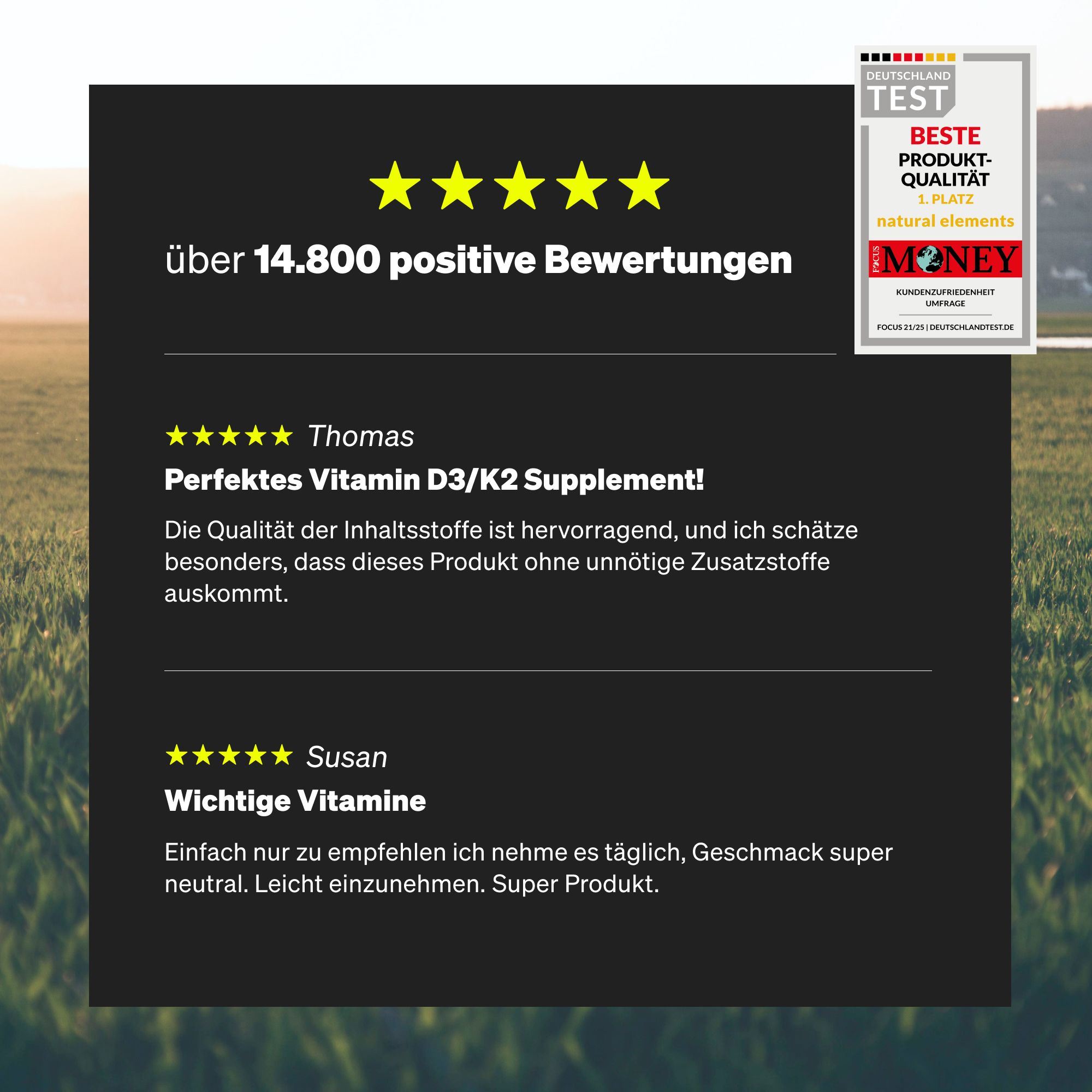 Testo su sfondo verde. Citazioni dei clienti. Nome prodotto: Integratore di vitamina D3/K2. Valutazione con stelle.
