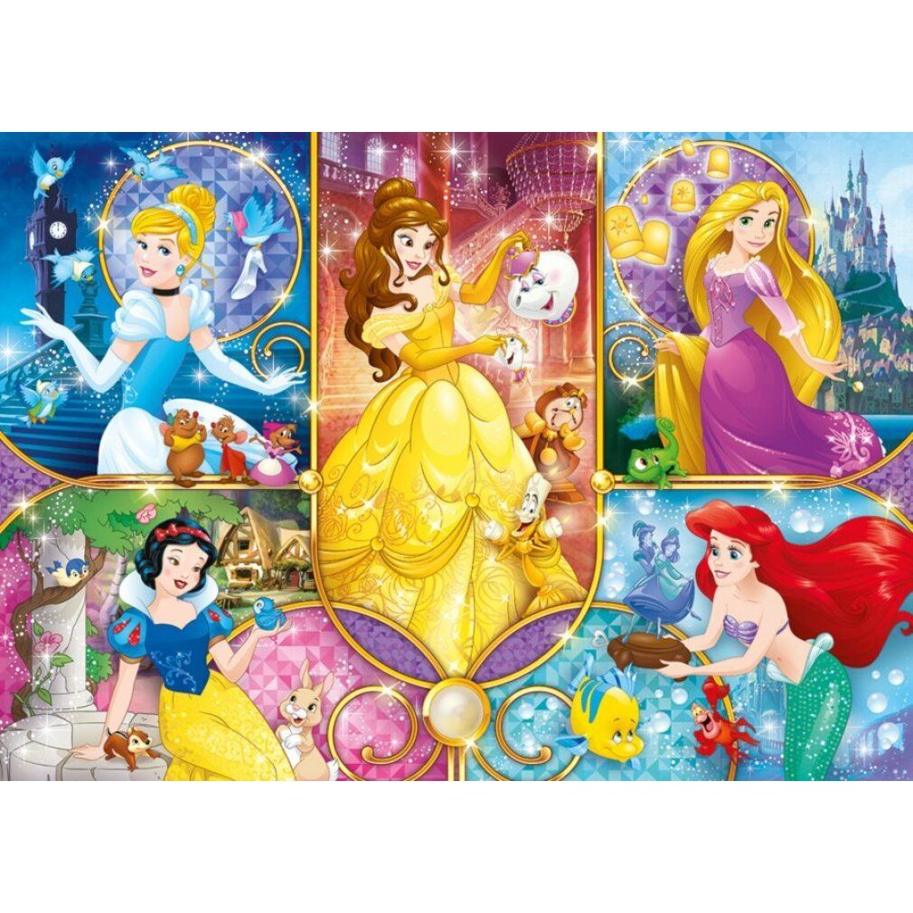 Puzzle completo Principesse Disney. Cenerentola, Belle, Rapunzel, Biancaneve e Ariel. 104 pezzi.