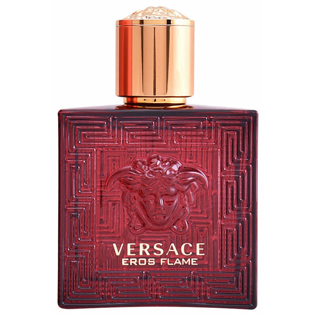 Flacone Versace Eros Flame Eau de Parfum con testa di Medusa e tappo dorato.