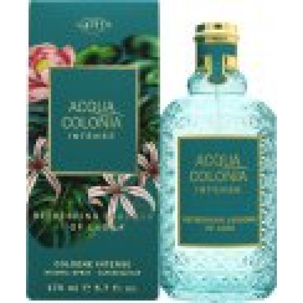 Flacone di profumo e confezione. Scritta: ACQUA COLONIA INTENSE, REFRESHING LAGOONS OF LAOS. Flacone e confezione azzurri.