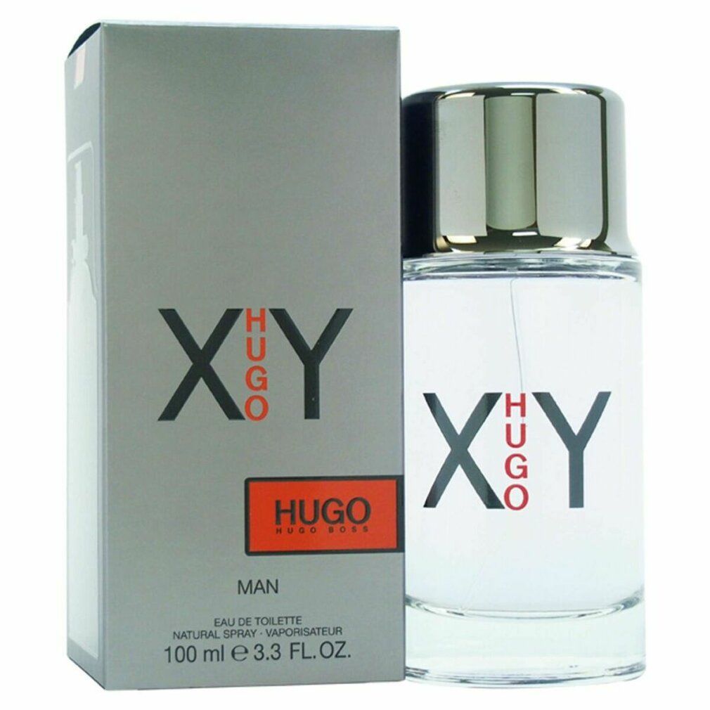Flacone e confezione Hugo Boss XY. Confezione grigia, flacone grigio con tappo argentato. Scritta XY e Hugo.