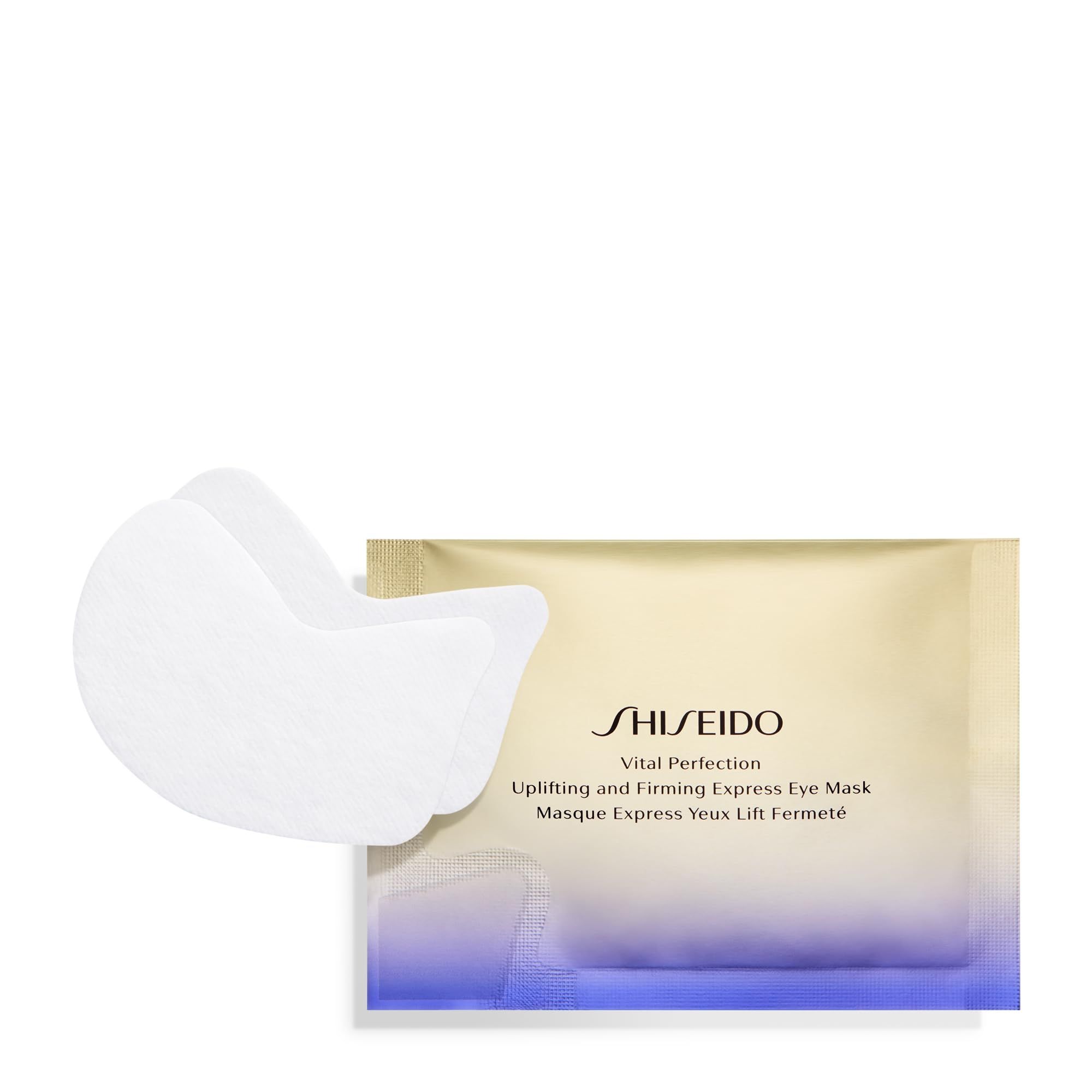 Maschere occhi SHISEIDO Vital Perfection e confezione. Due maschere accanto alla confezione singola. Sfumatura oro-viola.