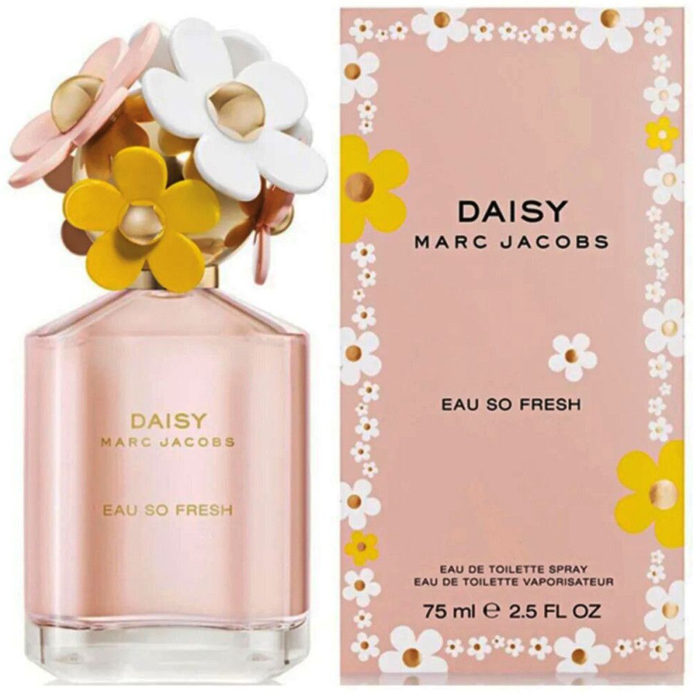 Flacone di profumo e confezione. Flacone con fiori colorati. Confezione con scritta "DAISY MARC JACOBS EAU SO FRESH".