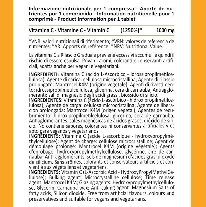 Testo su sfondo giallo. Informazioni nutrizionali per 1 compressa. Ingredienti: Vitamina C, agenti di carica, agenti di rivestimento, antiagglomeranti.