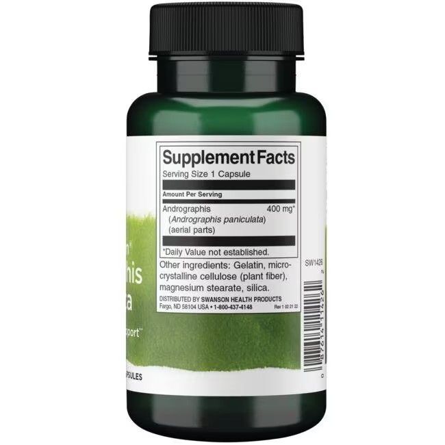 Retro di un flacone verde. Etichetta con informazioni nutrizionali, "Andrographis Paniculata" e ingredienti. Tappo nero.