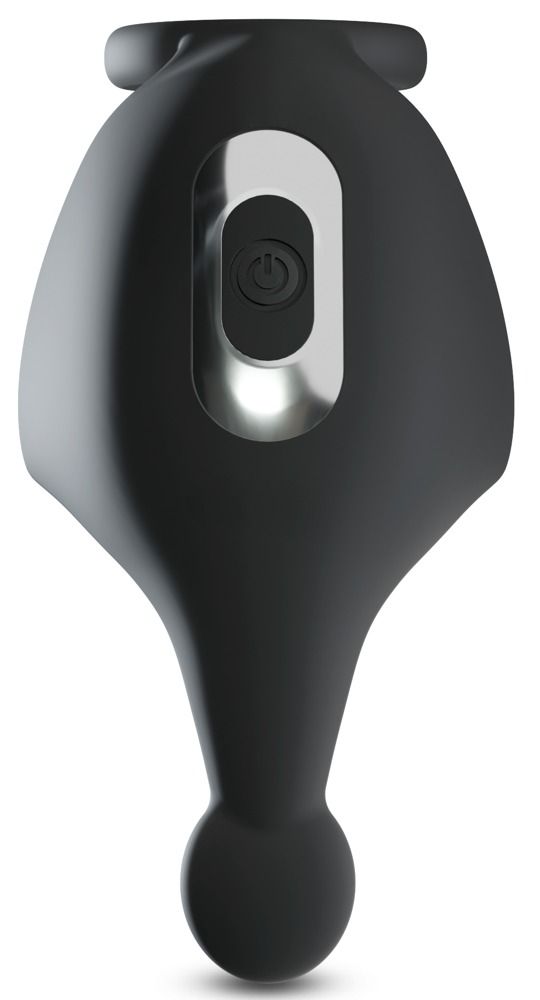 Anello per pene e scroto nero di forma ovale. Il prodotto ha una forma rotonda e una forma curva. È realizzato in materiale morbido.