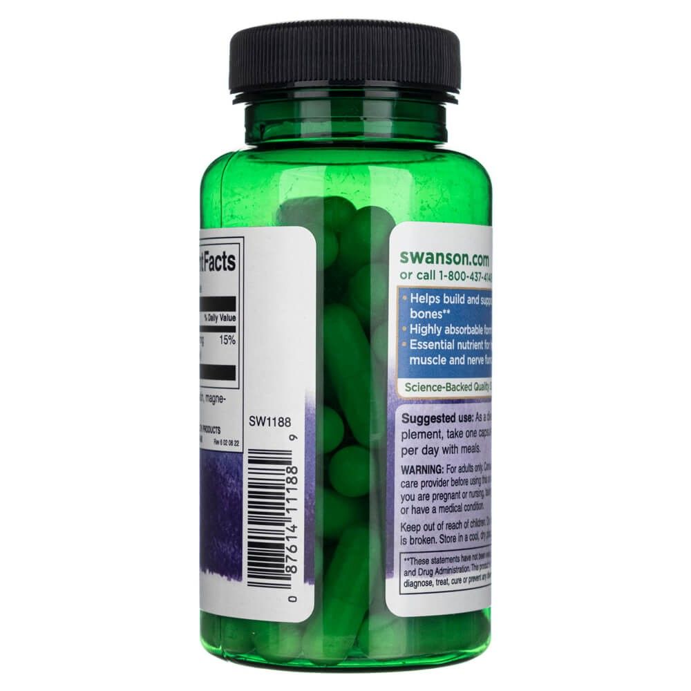 Vista laterale della bottiglia SWANSON Calcium Citrate con informazioni nutrizionali e istruzioni.