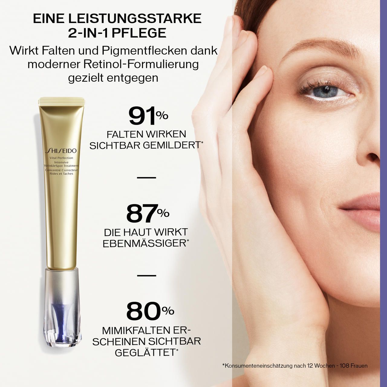 Prodotto accanto a una donna. Testo: 91% rughe visibilmente attenuate, 87% pelle più uniforme, 80% rughe d'espressione levigate.