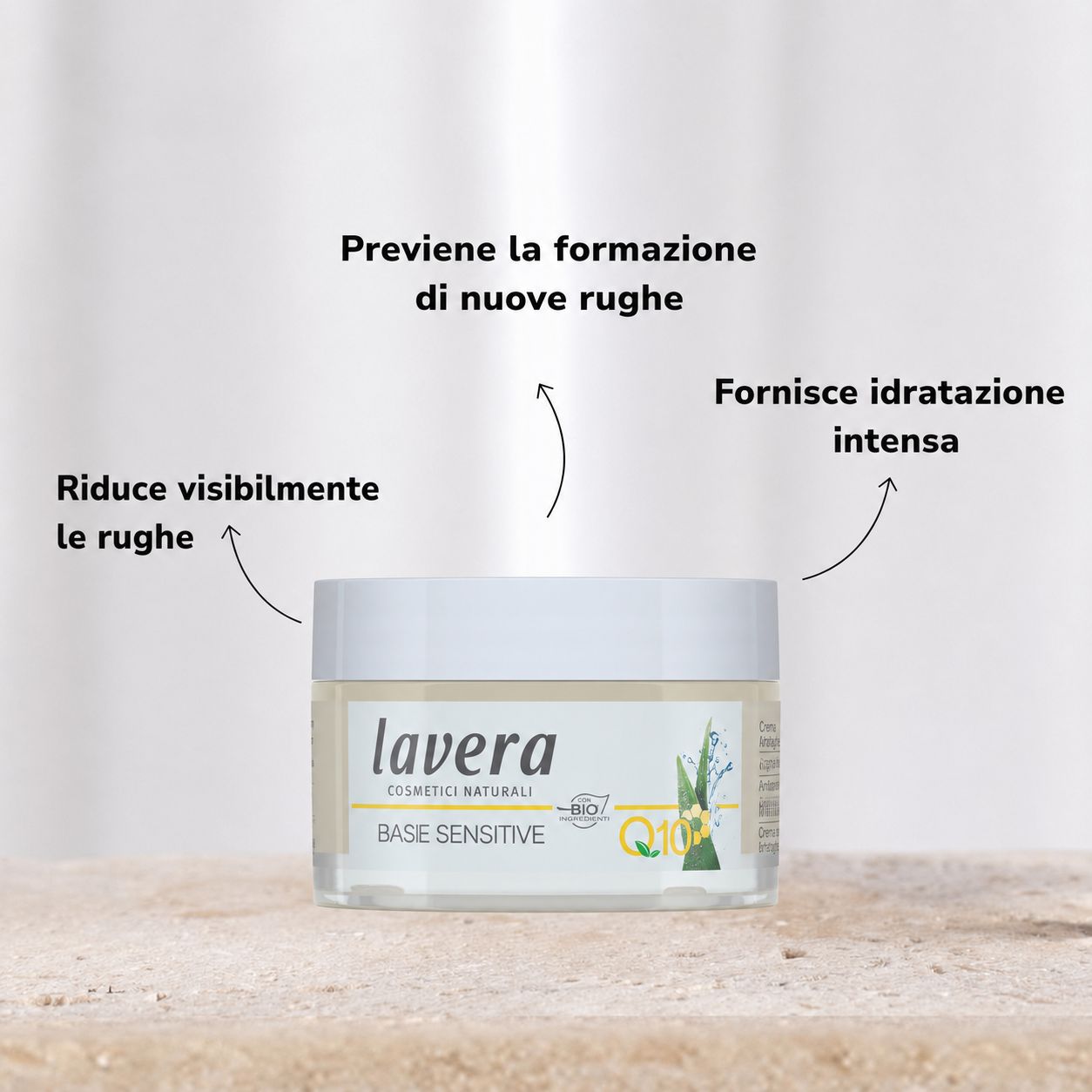 Vasetto di crema con testo: "lavera BASIS SENSITIVE Q10". Frecce indicano il testo su rughe e idratazione.