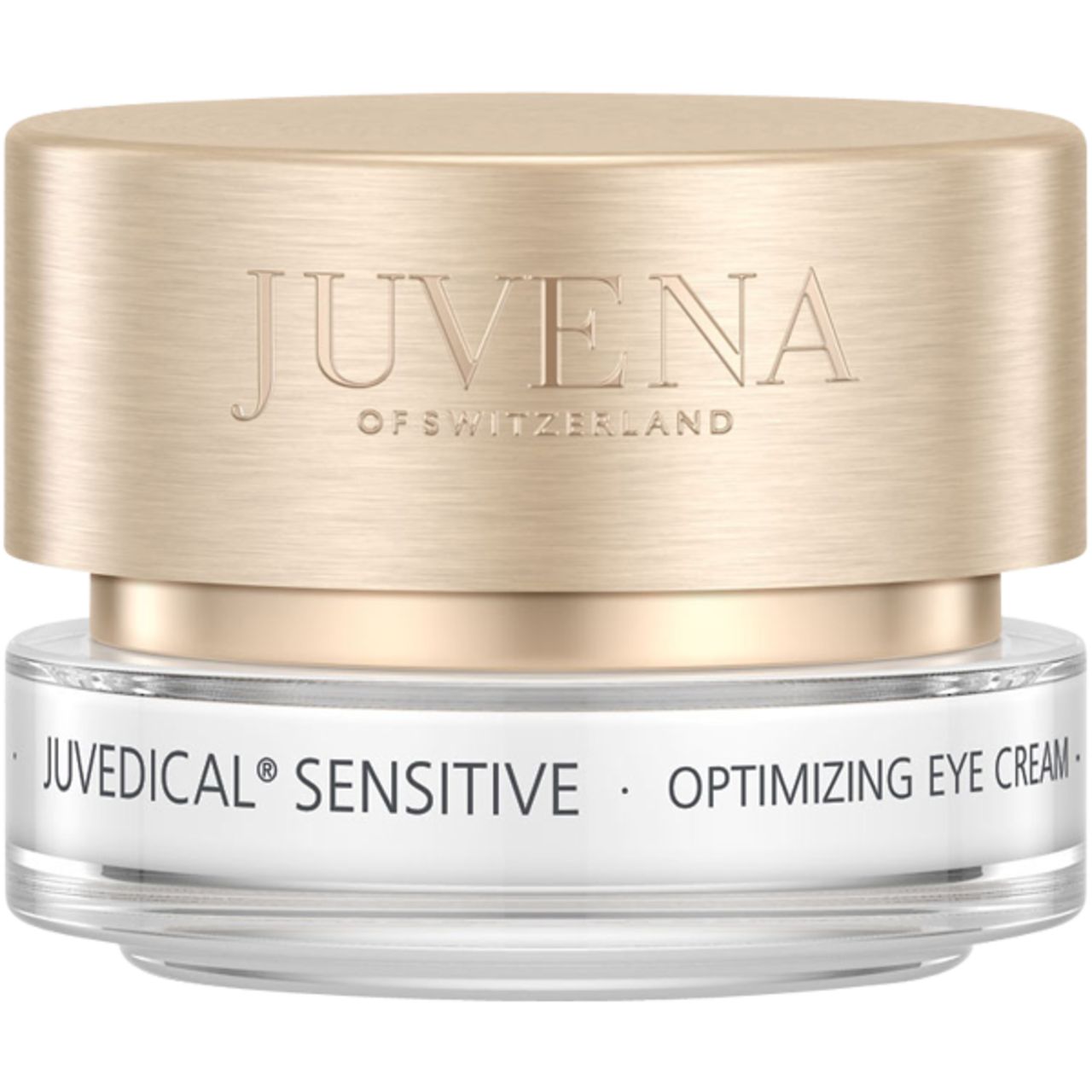 Vasetto di crema con coperchio dorato. Scritta: JUVENA OF SWITZERLAND. Testo: JUVEDICAL SENSITIVE, OPTIMIZING EYE CREAM.