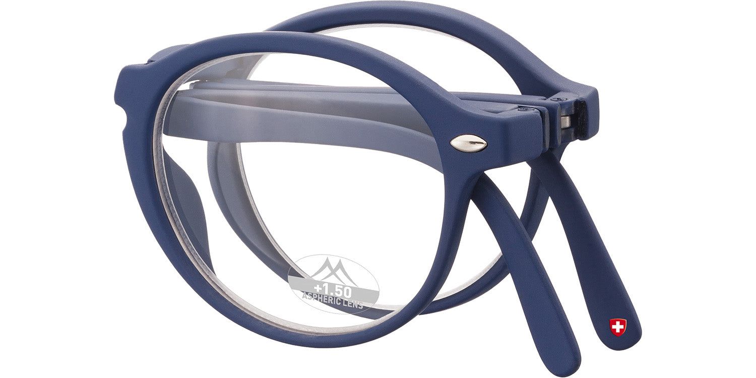 Occhiali da lettura blu piegati. Croce svizzera sull'asta. Logo Montana Eyewear e gradazione +1.50.