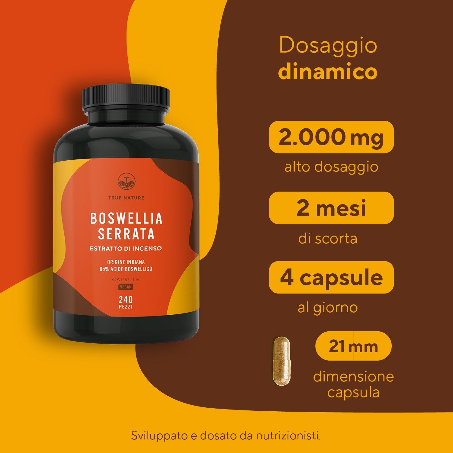 Flacone con informazioni: 2.000 mg, 2 mesi, 4 capsule al giorno, dimensione capsula 21 mm. Sfondo marrone.