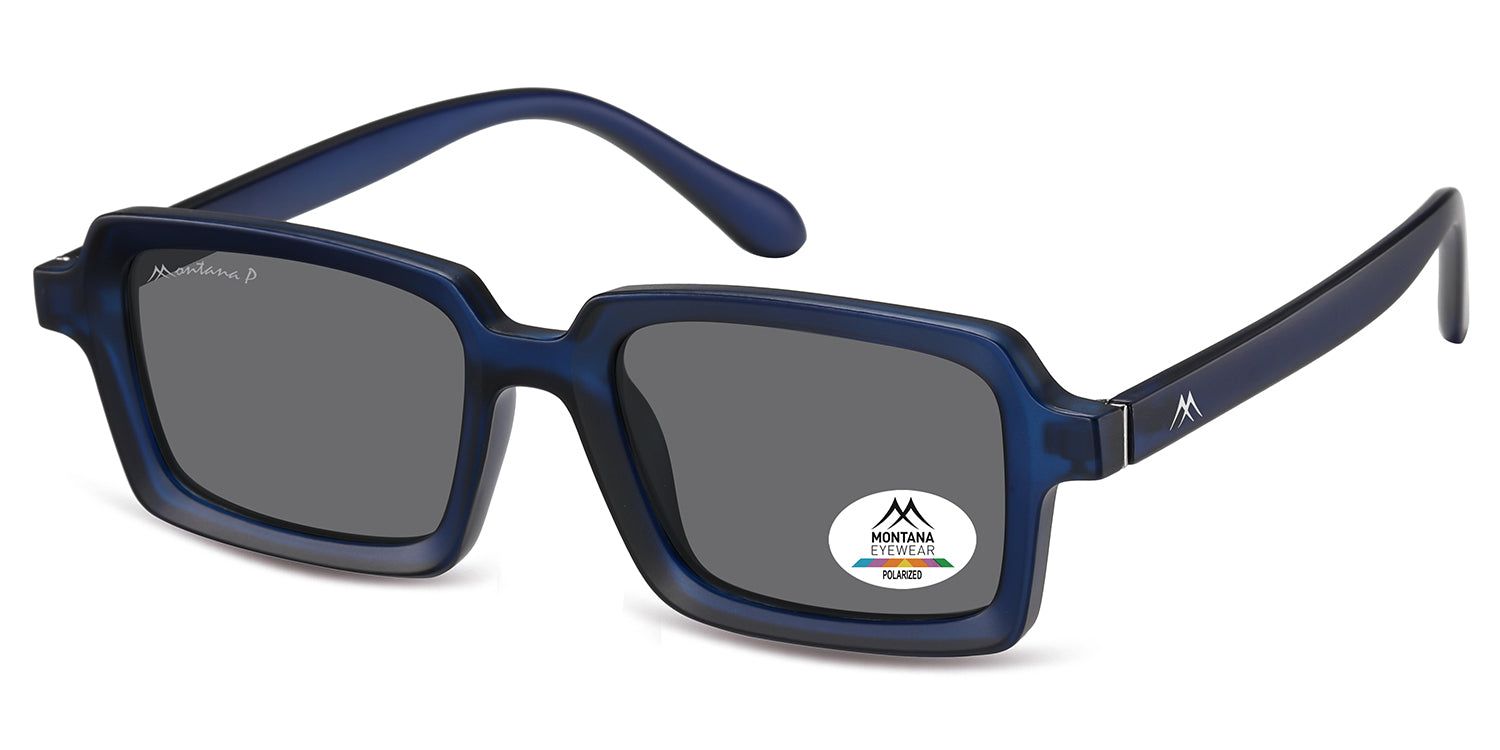 Occhiali da sole blu, lenti rettangolari, logo 'Montana Eyewear' sulla lente. Lenti polarizzate. Aste con logo.