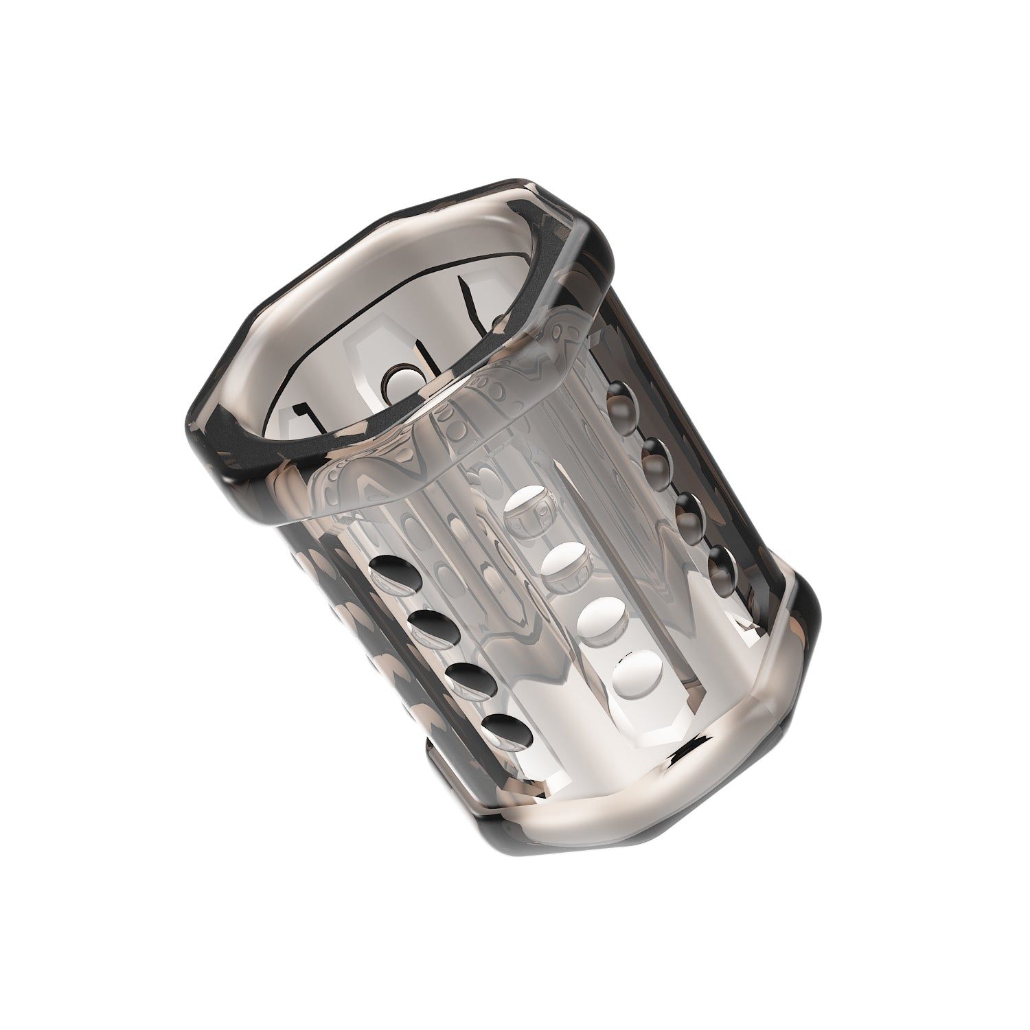 Prodotto trasparente inclinato con aperture e barre verticali. Accenti neri.