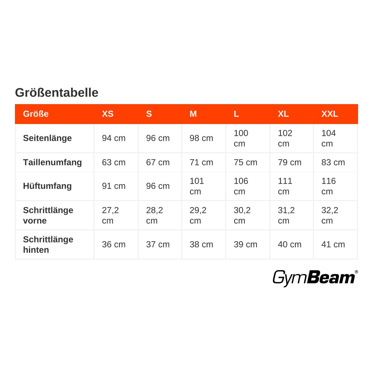 Tabella taglie con lunghezza laterale, circonferenza vita, circonferenza fianchi, lunghezza cavallo anteriore e posteriore per taglie dalla XS alla XXL. Logo GymBeam.