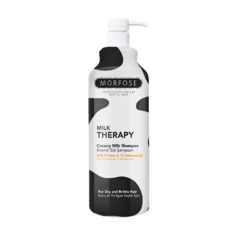 Flacone di shampoo con motivo mucca. Scritta: Morfose Milk Therapy. Shampoo cremoso al latte. Per capelli secchi e fragili.