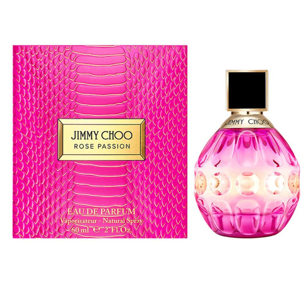 Flacone e confezione Jimmy Choo Rose Passion rosa. Flacone rotondo, rosa, con tappo nero. Confezione rosa con motivo a serpente.