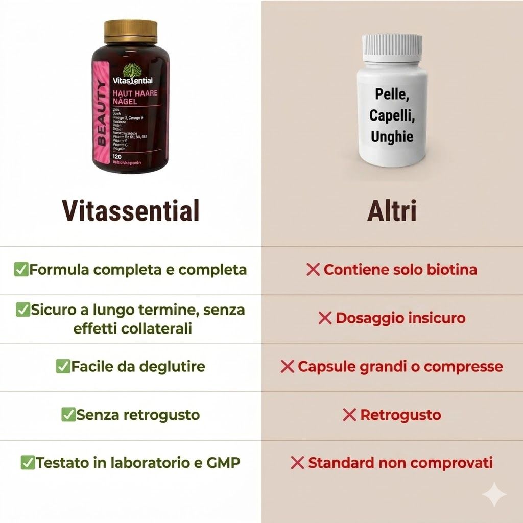 Confronto tra due prodotti. Sinistra: Vitassential, flacone con etichetta. Destra: Altro, flacone bianco. Testo: Vantaggi e svantaggi.
