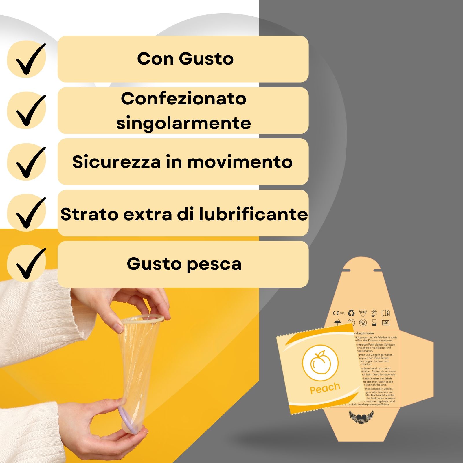 Confezione e preservativo. Testo: Con gusto pesca. Logo: Lovelyness. Confezionato singolarmente.