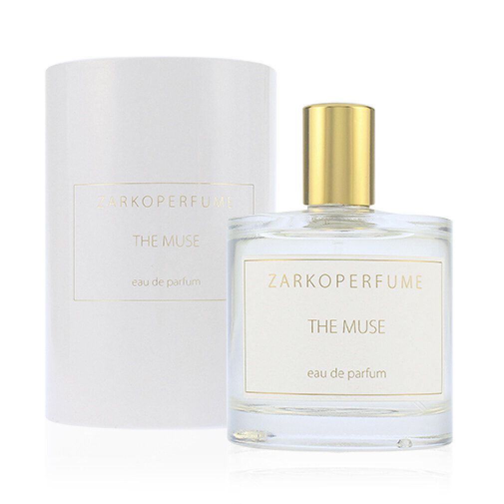 Flacone in vetro con tappo dorato e confezione bianca. Scritta "ZARKOPERFUME THE MUSE eau de parfum".