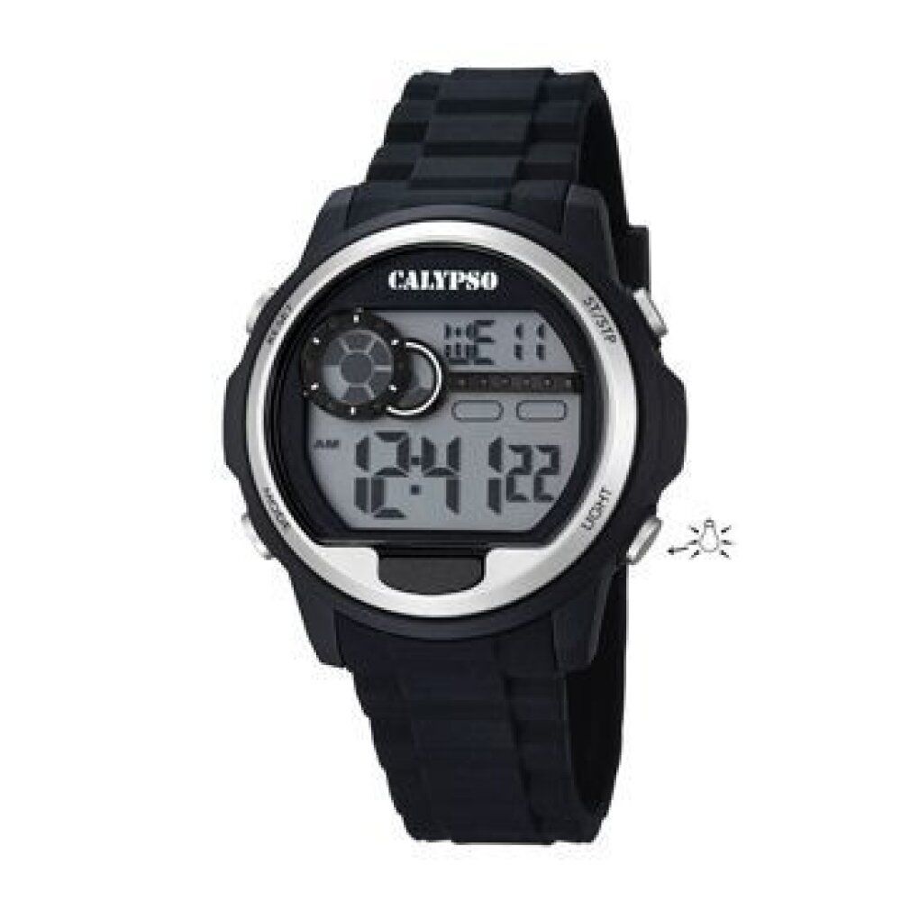 Orologio Calypso nero. Display digitale con data e ora. Cinturino nero. Lunetta argentata.