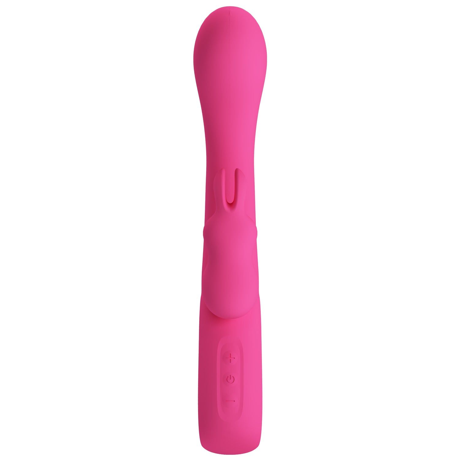 Vibratore rosa con superficie liscia. Forma cilindrica con pulsanti. Con due pulsanti e una piccola sporgenza.