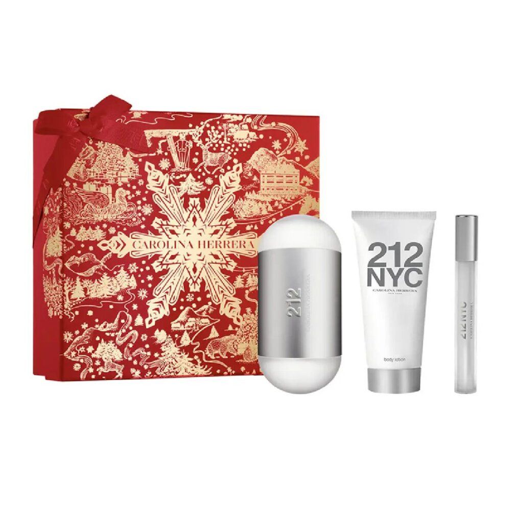 Set regalo con tre prodotti. Include una bottiglia argentata, un tubetto e un flacone piccolo. Scatola rossa con CAROLINA HERRERA.