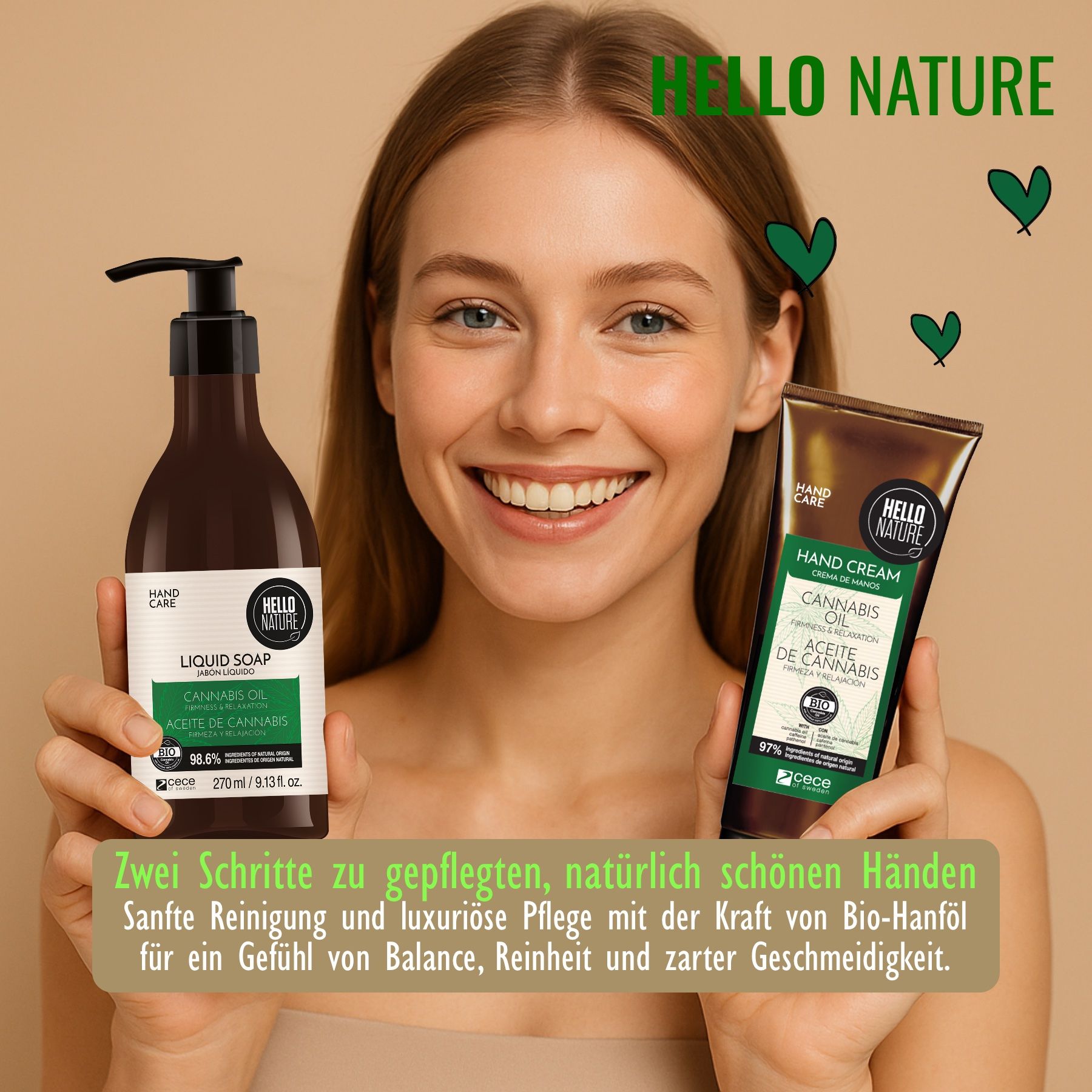 Donna tiene sapone liquido e crema mani Hello Nature. Sigillo biologico. Foglia di cannabis. Flaconi marroni.