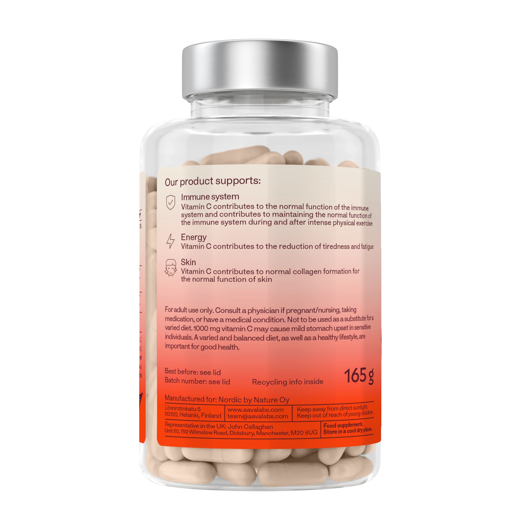 Retro di un flacone di capsule. Supporto del prodotto. Peso: 165 g.