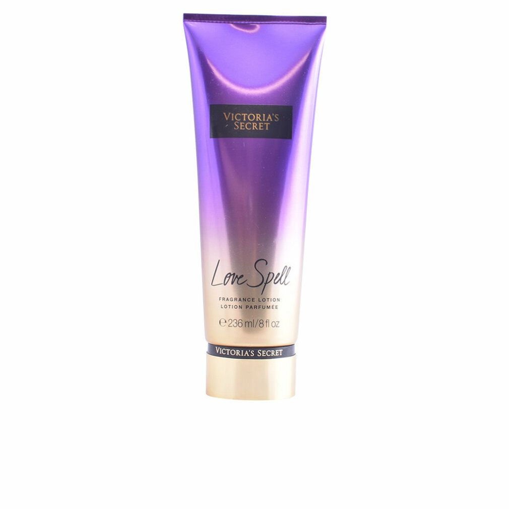 Tubo di lozione sfumato. Scritta: Victoria's Secret Love Spell. Testo: Fragrance Lotion, 236 ml/8 fl oz.