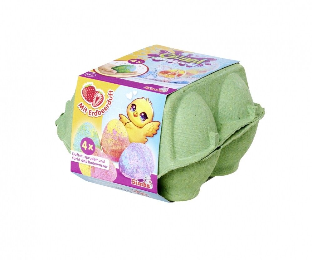 Prodotto Glibbi in confezione a forma di cartone per uova verde. Contiene 4 uova profumate alla fragola. Logo Simba.