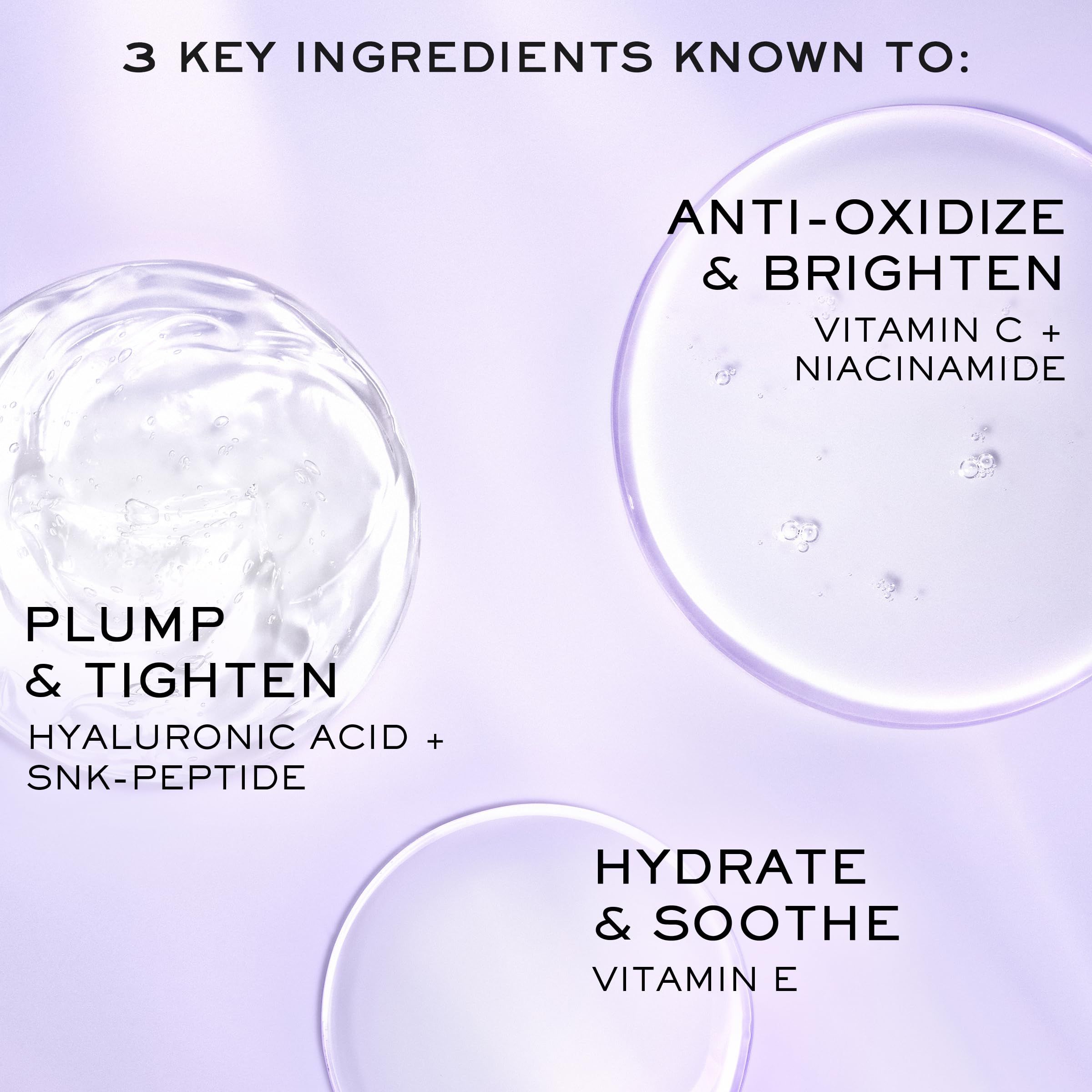 Tre cerchi con ingredienti. Scritta: Anti-ossidazione e illuminazione, Acido ialuronico + SNK-Peptide, Vitamina E.