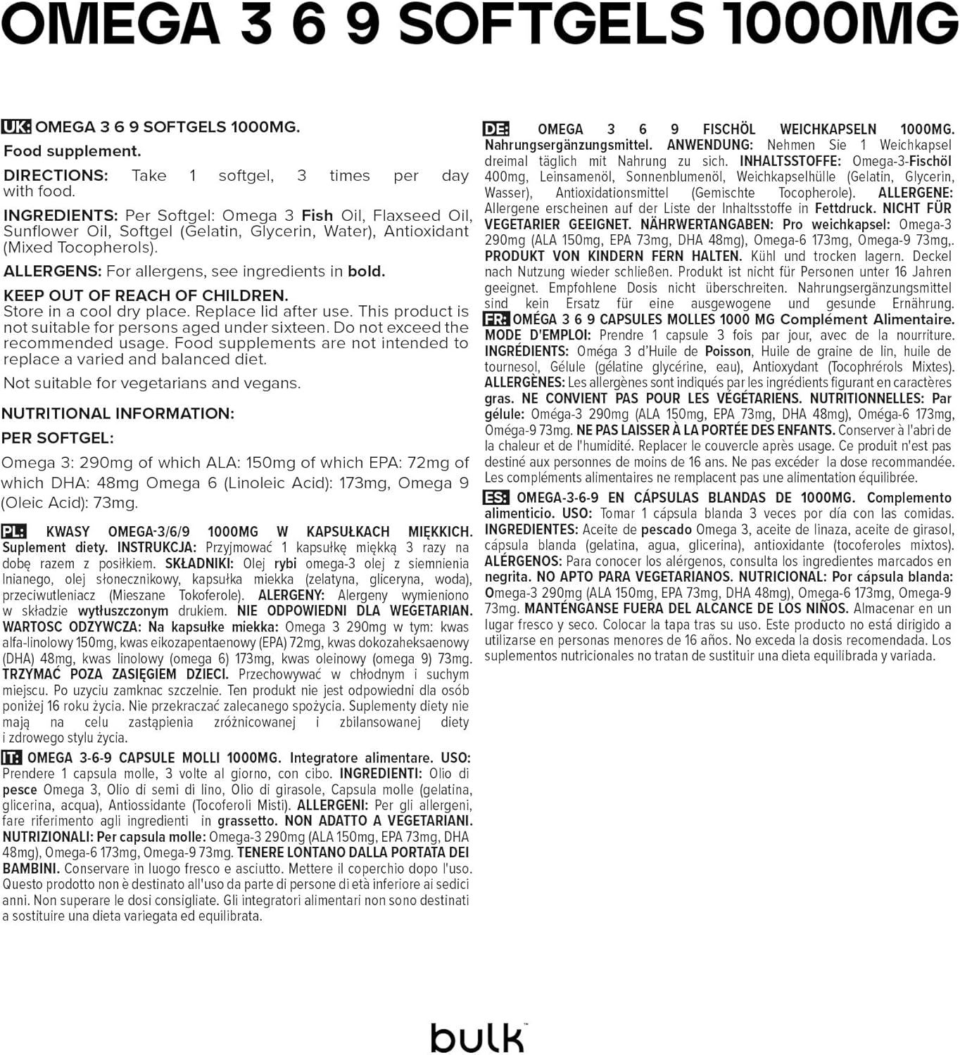 Pagina di testo con informazioni sulle capsule Omega 3 6 9. Contiene informazioni su ingredienti, dosaggio e avvertenze.