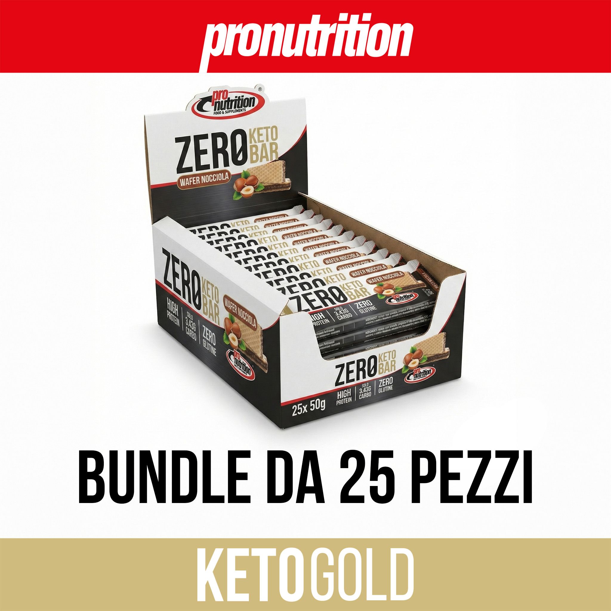 Confezione da 25 Pronutrition Zero Keto Bar. Scritta: Wafer Nocciola, Keto Gold.